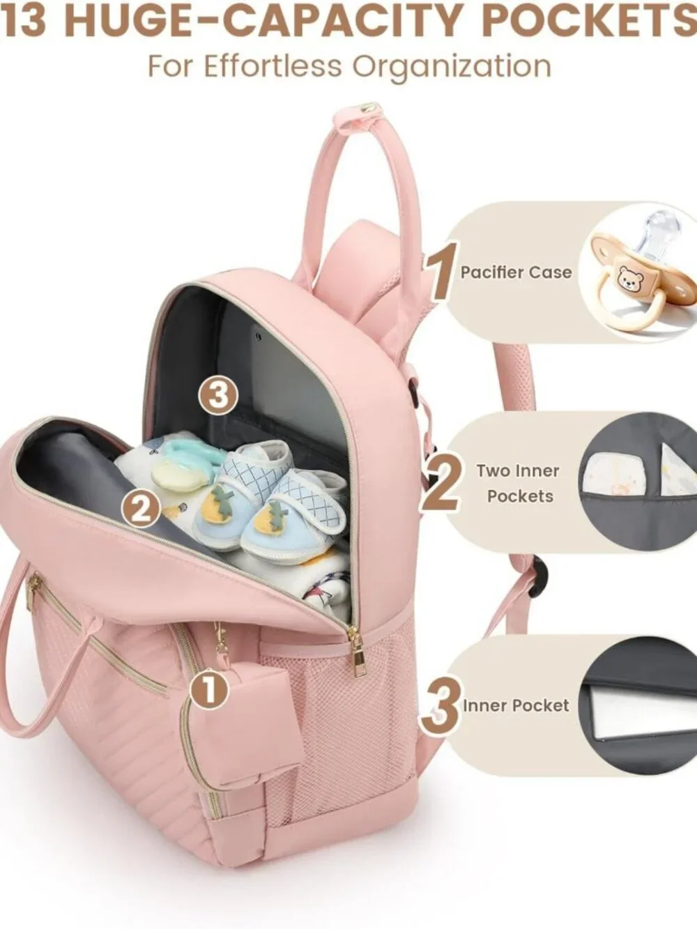 Stylish Baby Diaper Bag Backpack with Insulated Pocket & Pacifier Case - Pink